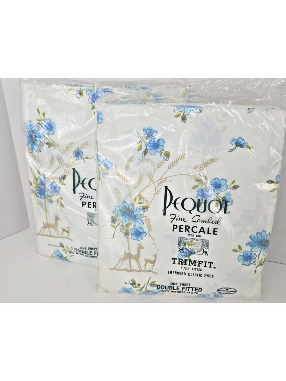 Pequot Full Double Fitted + Flat Percale Sheets Blue Floral on White 84" X 76"